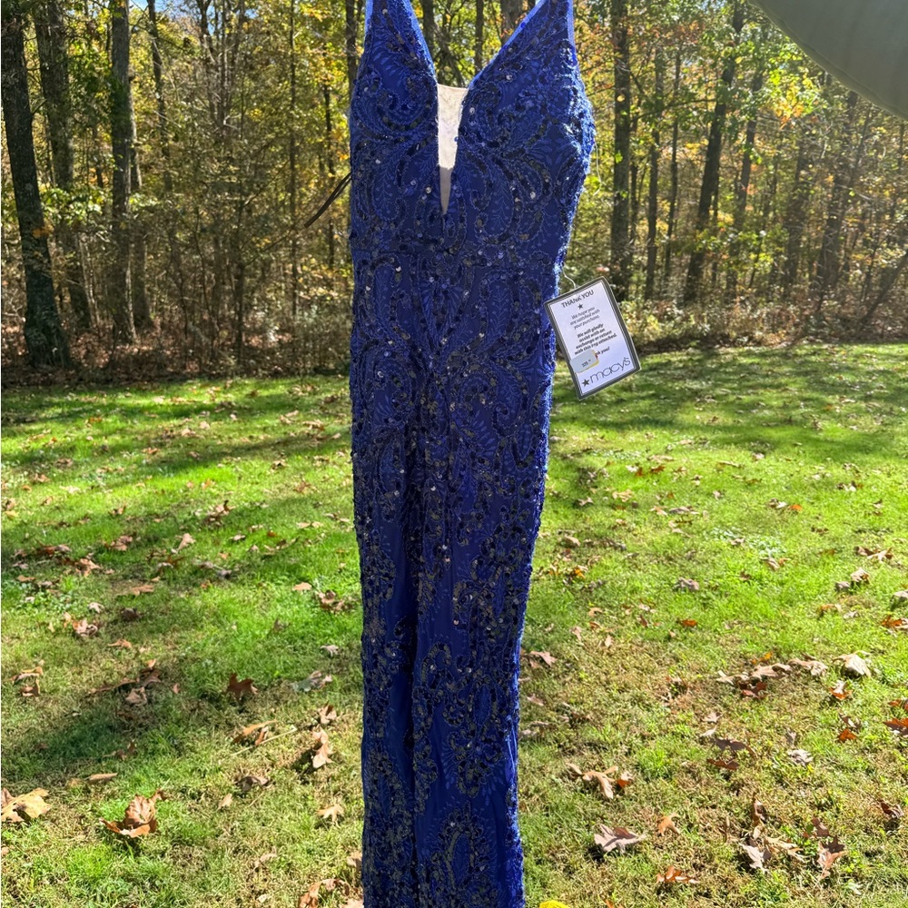 Betsy & Adam Royal Blue Beaded Prom Dress